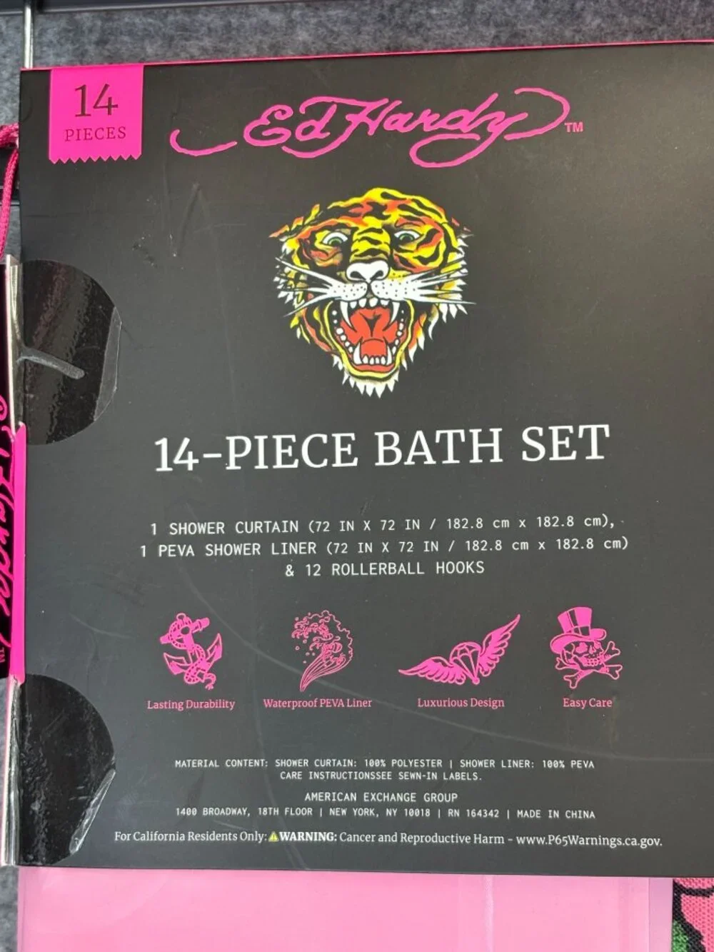 Ed Hardy Shower Curtain Set w 14 Piece w Hooks & Liner Pink Hearts Panther Snake